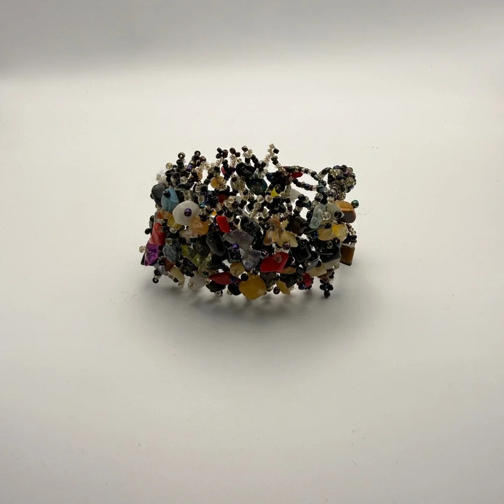 Multicolor Beaded Stone Cuff Bracelet Chunky Earthy Boho Festival Fairy Y2K‎